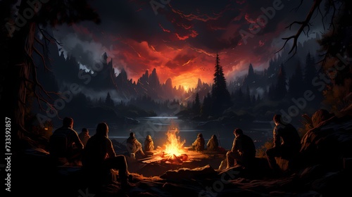 A group of friends gathered around a bonfire in a snowy clearing, with the warmth of the flames contrasting with the cold winter night