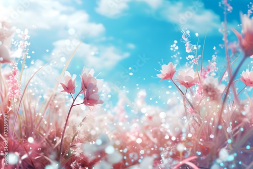 Dreamy floral field under blue sky, artistic pastel tones, ideal for backgrounds and wallpapers. AI