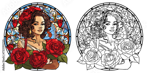 Beautiful Woman Holding Bouquet of Red Roses with Presents Coloring Page Stained Glass Vector Art