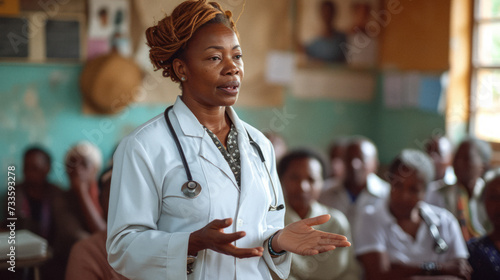 Rural Nurse Educating on Public Health: A nurse conducting a public health workshop in a rural community center, teaching a diverse group of residents about nutrition, hygiene, and disease prevention.