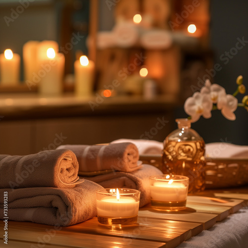 Serene Spa Ambience with Soft Towels, Glowing Candles, and Aromatic Oils - A Peaceful Retreat for Relaxation and Wellness