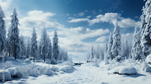 A group of pine trees covered in snow, with their branches gracefully bending under the weight of the fluffy white powder © ALLAH KING OF WORLD