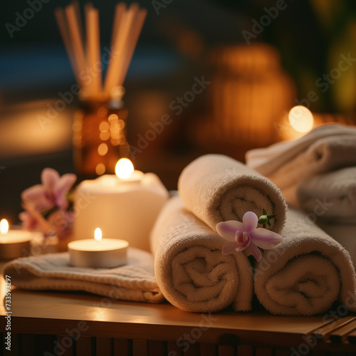 Serene Spa Ambience with Soft Towels  Glowing Candles  and Aromatic Oils - A Peaceful Retreat for Relaxation and Wellness