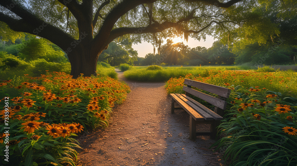 Fototapeta premium Park bench under a tree - spring day - beautiful scenery 