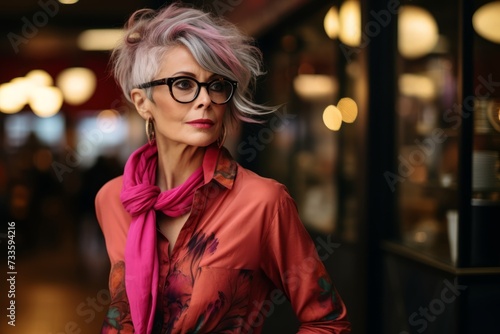 Beautiful middle-aged woman with short pink hair and glasses on a city street.