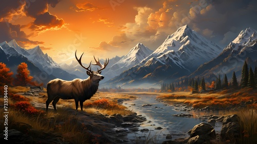 A majestic elk standing in a snow-covered meadow, with the mountains in the background bathed in the warm colors of the setting sun
