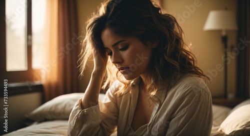 Young white woman with morning headache, in bedroom, holding head