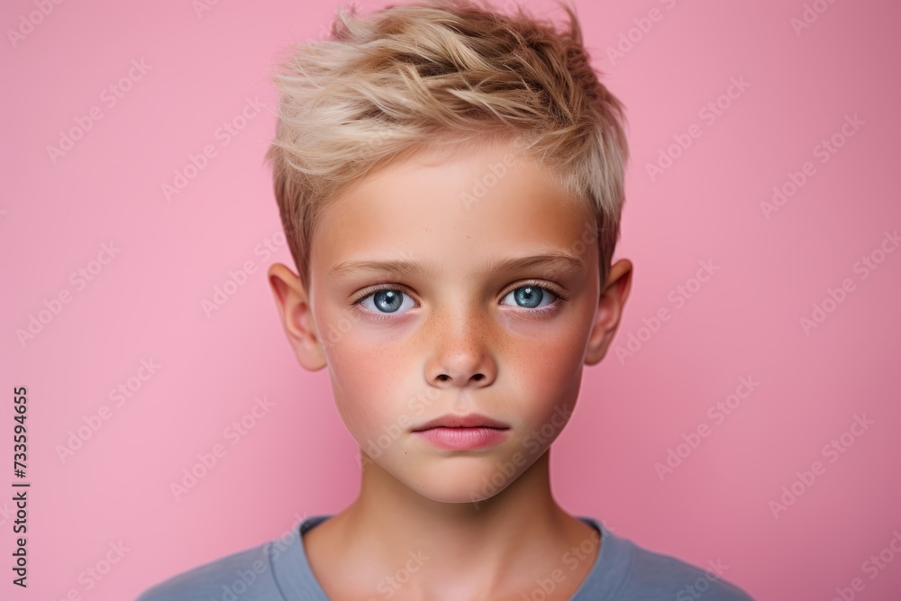 Portrait of a cute little boy with blond hair on a pink background Portrait of a cute little boy with blond hair on a pink background