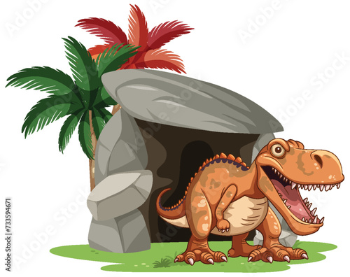 Cartoon dinosaur smiling near a rocky shelter