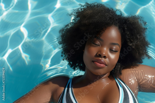 A beautiful young African American woman plus size in a striped swimsuit in the pool. body positive, enjoying the moment.