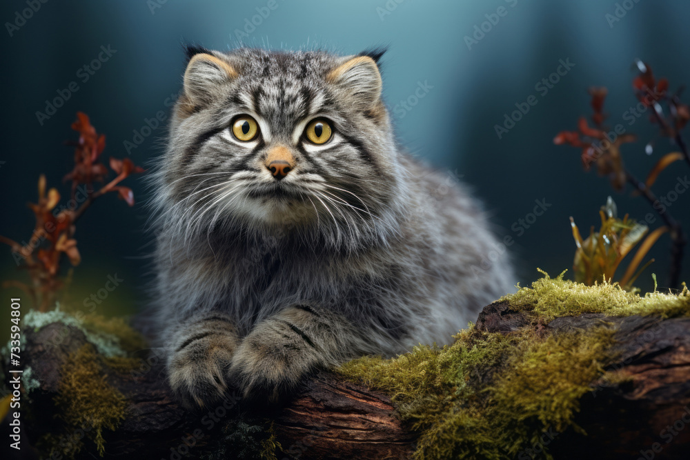 Manul, a predatory forest cat. portrait of a wild animal in its natural environment.