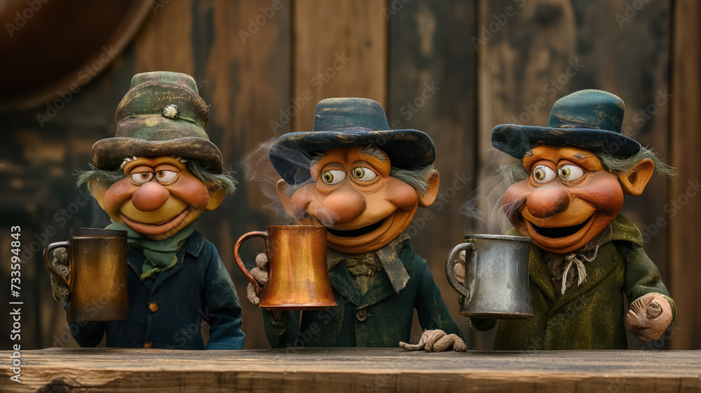 Three whimsical characters enjoying mugs.