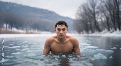 Young man swimming in a cold frozen lake or river in winter