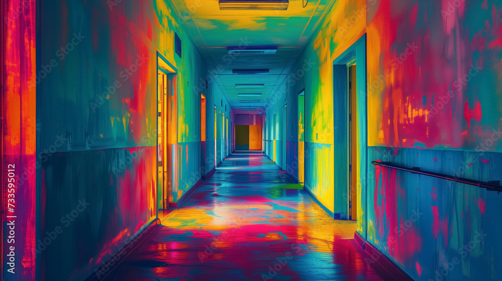 Colorful hallway with vibrant abstract painting.