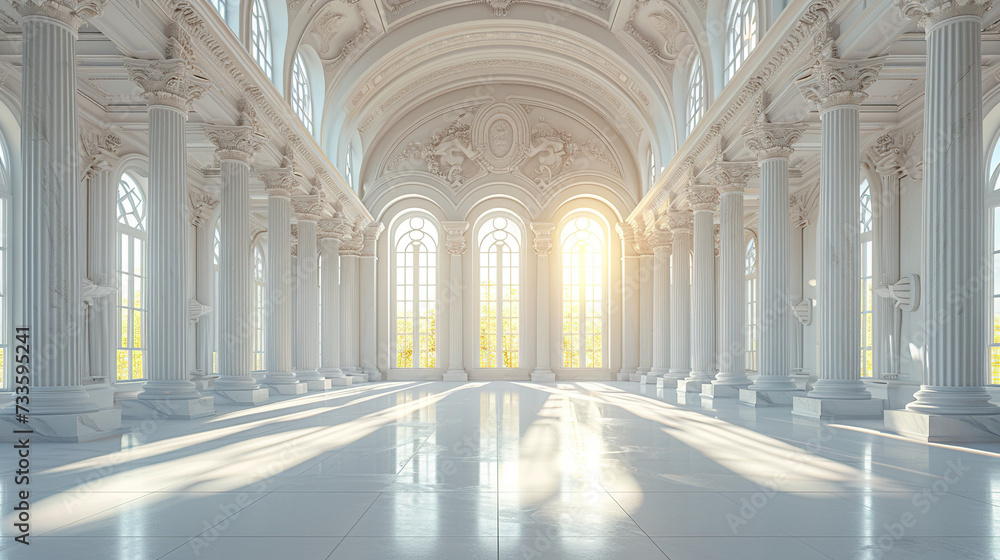 Interior of a white hall with marble floor and windows. Created with Ai