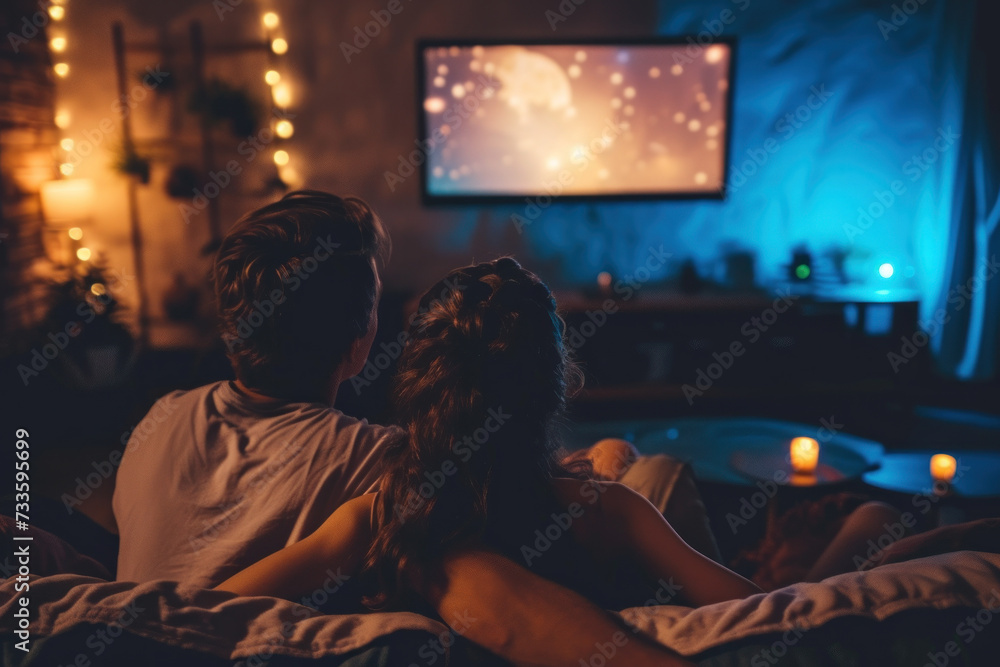 Cozy Couple Enjoying a Romantic Movie Night with Candles and Warm Lighting