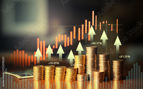 The pile of gold coins and light yellow upward pointing arrow Business on the diagram adjusts according to the numbers. Inflation concept. The financial graph on the pile of coins