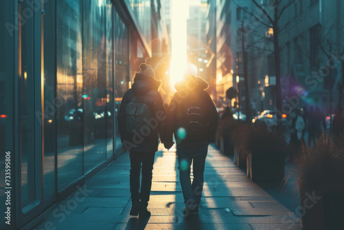Silhouettes of a Couple Walking Down the City Street at Sunset