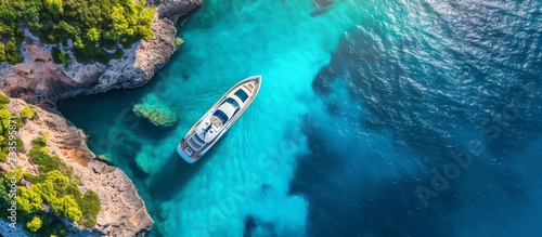 Panoramic top view photo of a yacht with a helicopter landing area in a tropical bay with turquoise open sea, captured by an aerial drone.