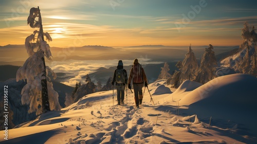 A pair of cross-country skiers gliding through a pristine snowy landscape, surrounded by trees and the silence of a winter day