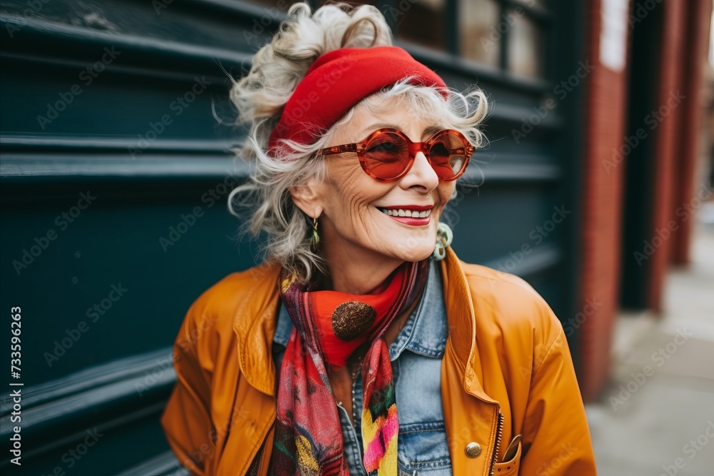 stylish senior woman in sunglasses and hat smiling at camera on street stylish senior woman in sunglasses and hat smiling at camera on street
