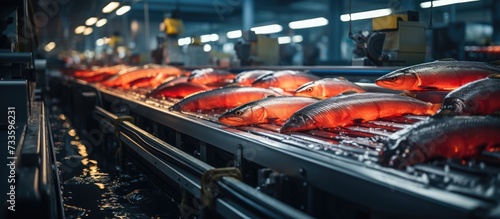 portrait of salmon fish factory, processing line, seafood industry photo