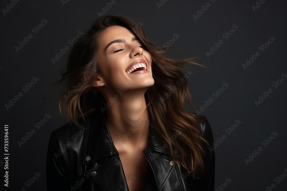 Portrait of a beautiful young woman laughing on a dark background. Portrait of a beautiful young woman laughing on a dark background.