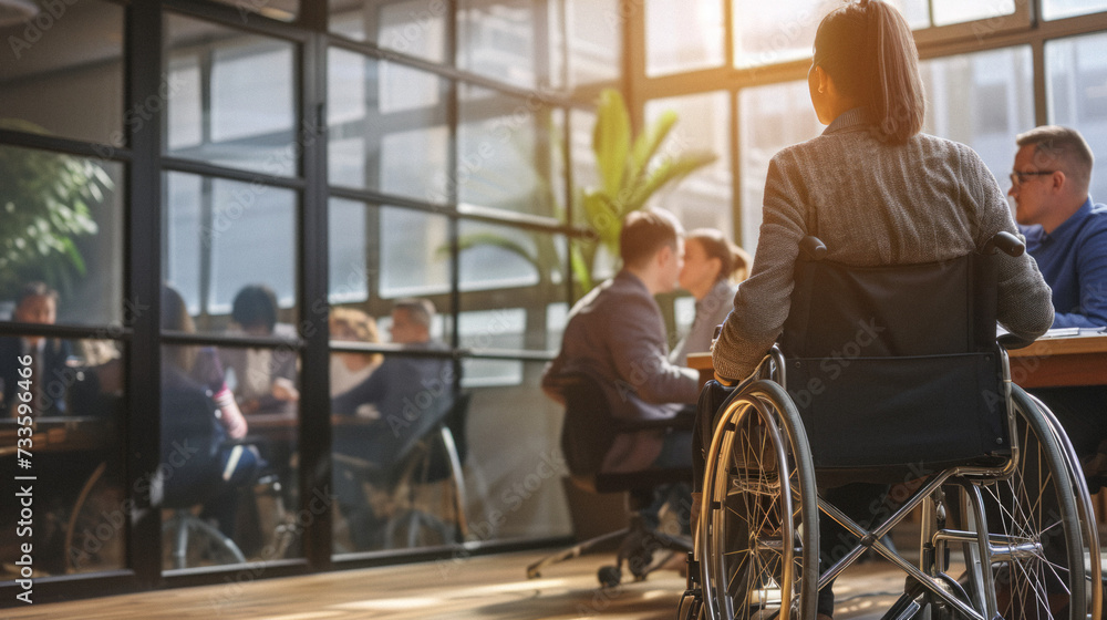 onfident individual in a wheelchair presenting to a diverse group of colleagues in a modern, well-lit conference room, showcasing leadership and accessibility in the workplace. onfident individual in a wheelchair presenting to a diverse group of colleagues in a modern, well-lit conference room, showcasing leadership and accessibility in the workplace.