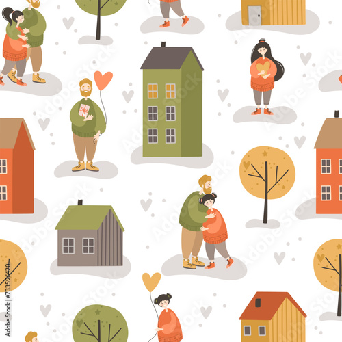 Seamless pattern with images of people and houses. Romantic town.