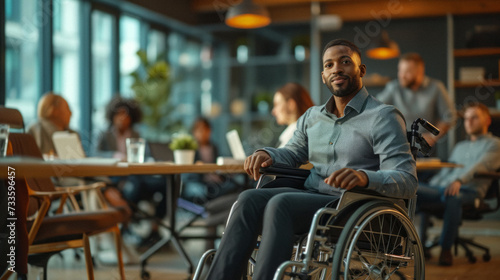onfident individual in a wheelchair presenting to a diverse group of colleagues in a modern, well-lit conference room, showcasing leadership and accessibility in the workplace.