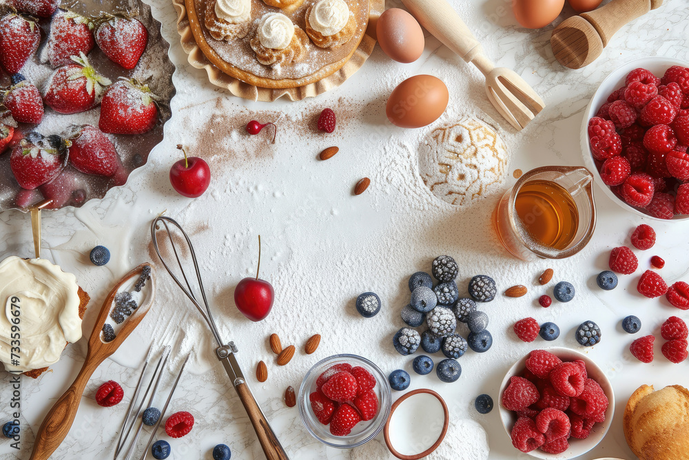 Delectable Baking Ingredients and Fresh Berries Spread on a Kitchen Table
