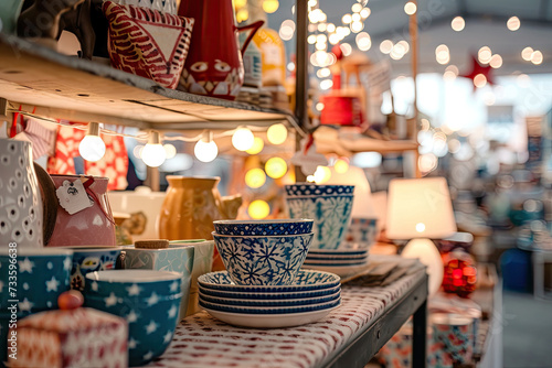 Artisanal Ceramic Tableware Displayed in a Boutique with Festive Lights