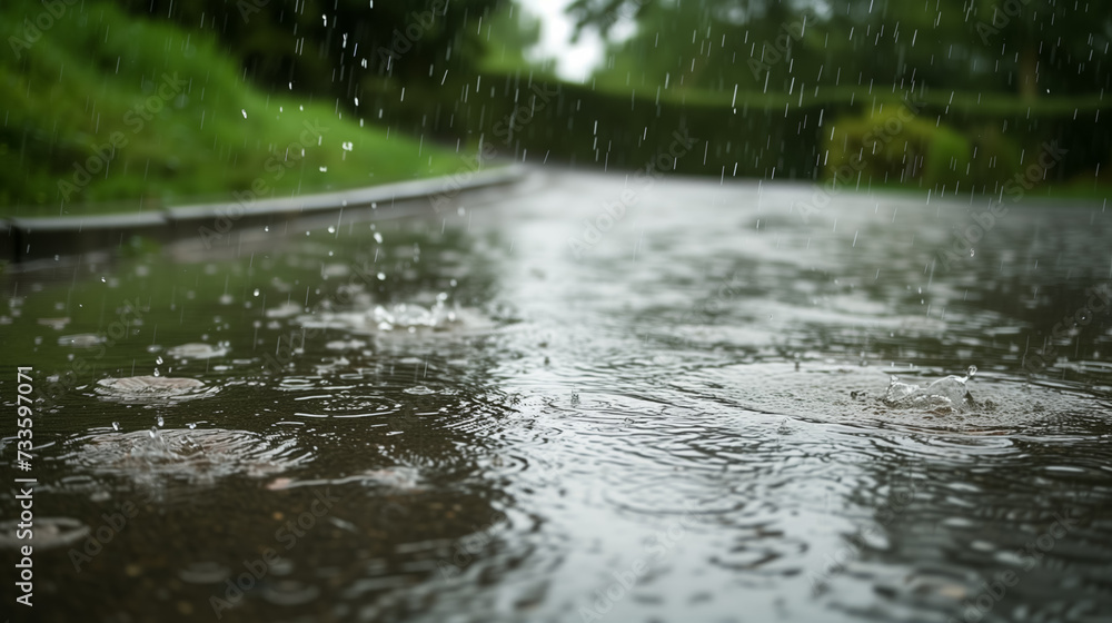 Fototapeta premium Raindrops creating ripples on a wet street surface.