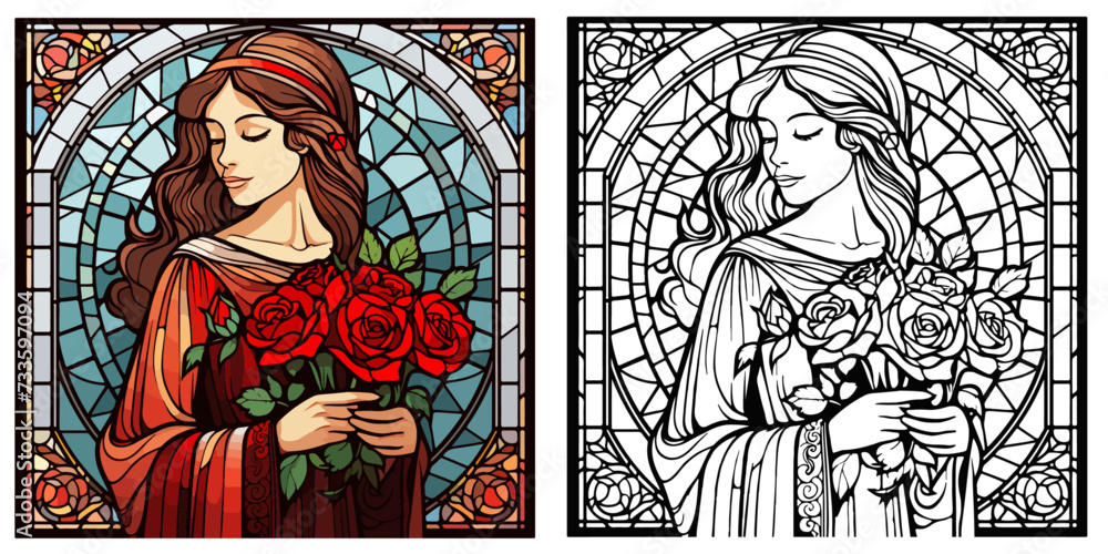 A Beautiful Woman Holding Bouquet of Red Roses with Presents Coloring Page Stained Glass Vector Art