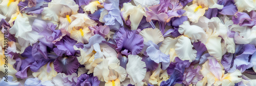 Colorful iris flowers densely packed together.
