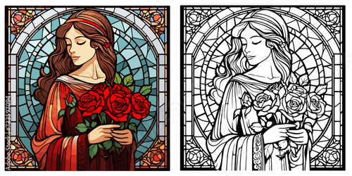 A Beautiful Woman Holding Bouquet of Red Roses with Presents Coloring Page Stained Glass Vector Art