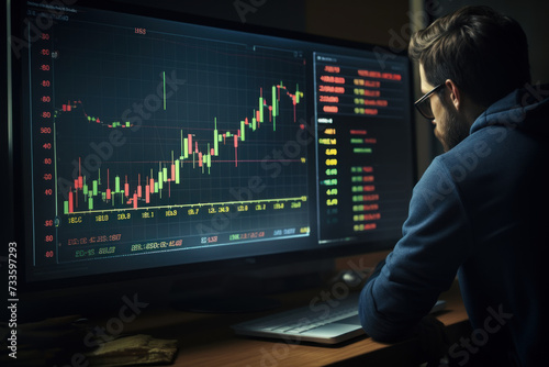 Focused Trader Analyzing Candlestick Chart on Computer Monitors in Dark Office