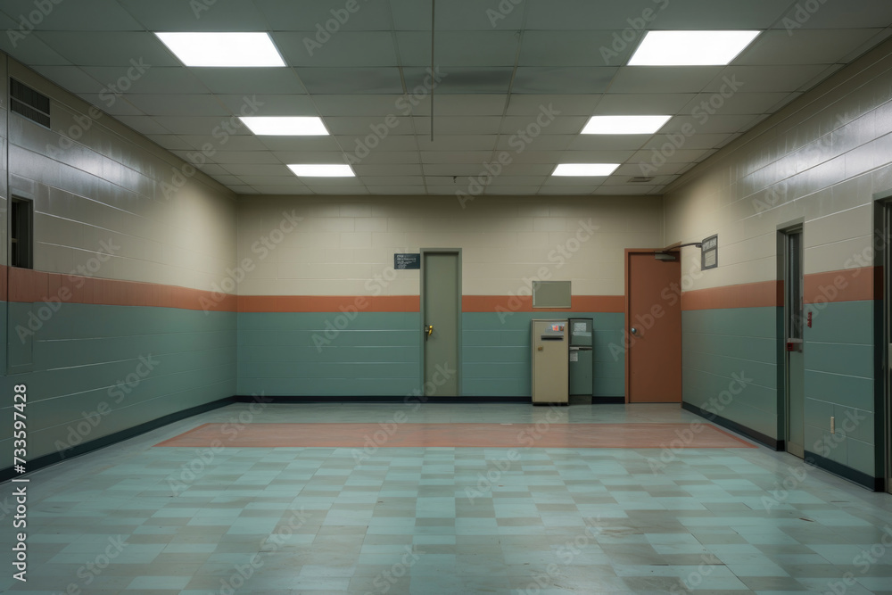 Desolate Institutional Corridor with Tile Flooring Desolate Institutional Corridor with Tile Flooring