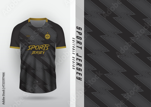 Jersey design, outdoor sports, jersey, football, futsal, running, racing, exercise, dark black and gold zigzag pattern.
