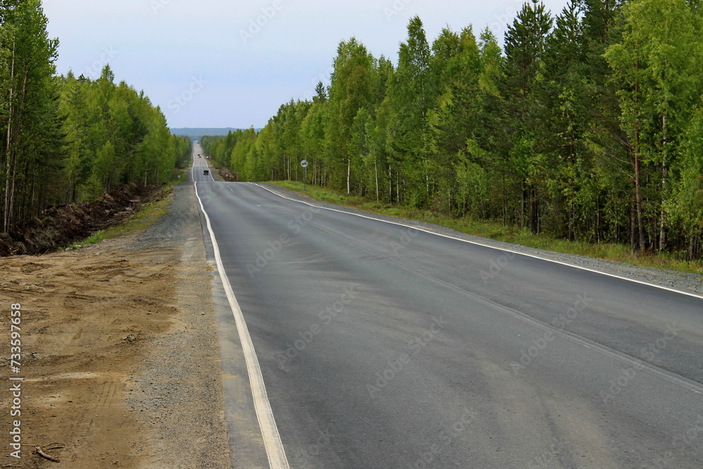 An asphalt road leading to the horizon through the forest. Republic of Karelia, Russia.