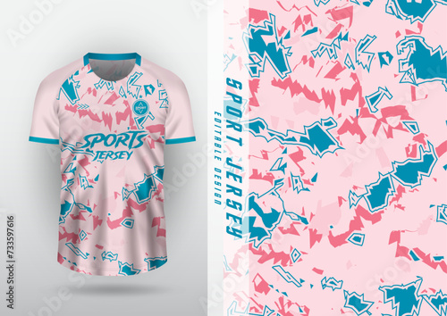Jersey, outdoor sports design, jersey, football, futsal, running, racing, exercise, leaf pattern, pink and blue brush.