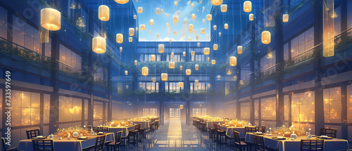 a many tables and chairs in a large room with lanterns