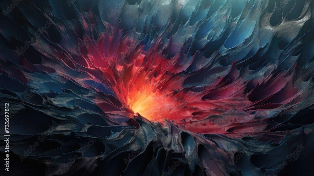 Vivid abstract explosion of colors in blue and red hues with fluid dynamics.