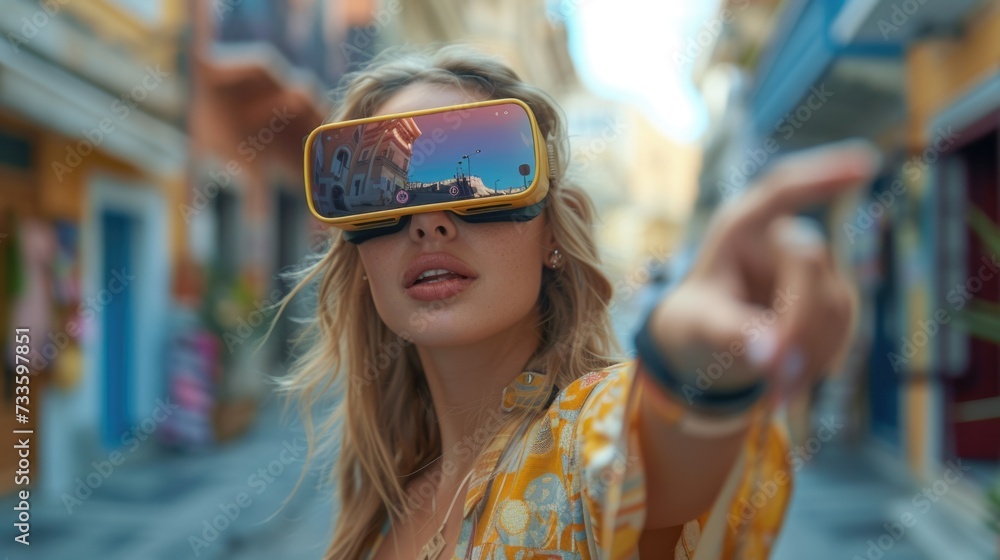Smiling woman with virtual reality headset pointing forward on a city street. Smiling woman with virtual reality headset pointing forward on a city street.