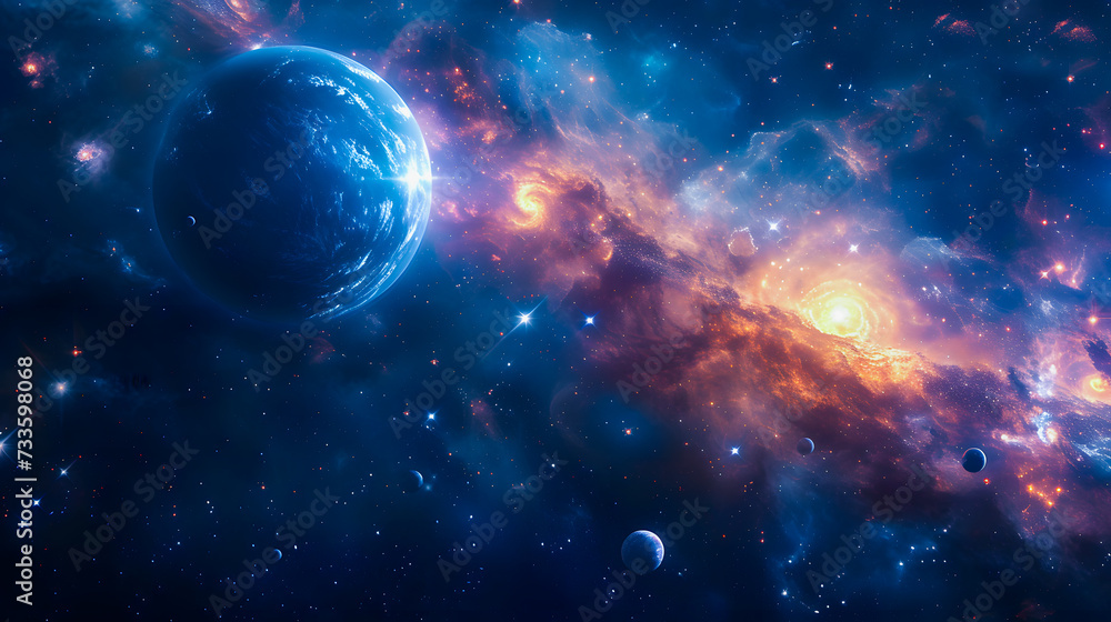 Exoplanets and Nebulae in a Distant Galaxy. A breathtaking cosmic scene featuring exoplanets and colorful nebulae scattered throughout the vastness of a distant galaxy. generative ai