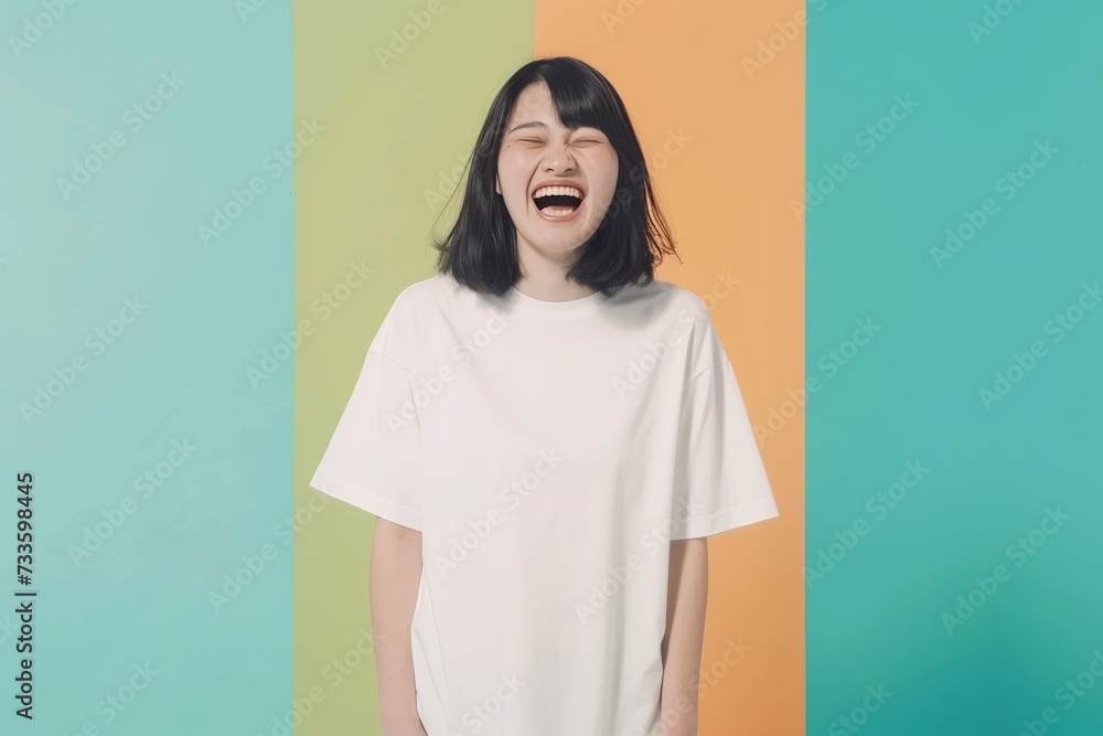 Studio shot of a young Asian woman with blank white t-shirt. T-shirt mockup design Studio shot of a young Asian woman with blank white t-shirt. T-shirt mockup design
