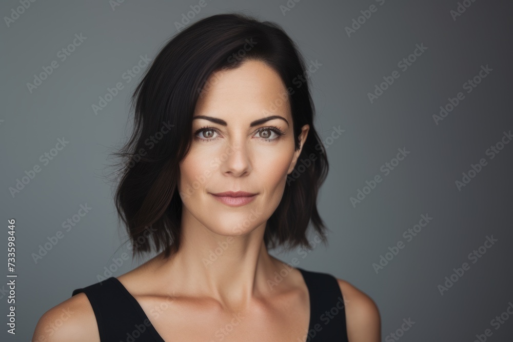 Portrait of a beautiful smiling woman with long black hair, over grey background Portrait of a beautiful smiling woman with long black hair, over grey background