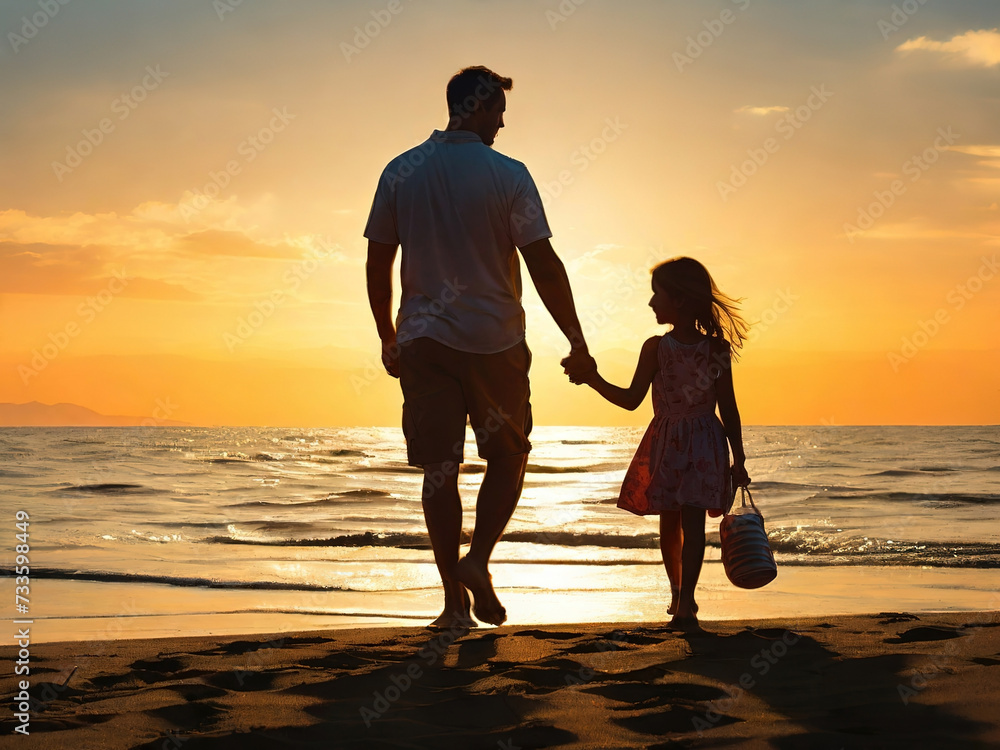 Father and daughter walking on the beach at sunset. Concept of friendly family.
