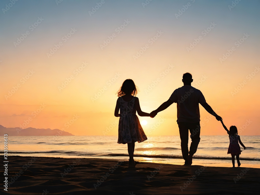 Silhouette of happy family walking on the beach at sunset.