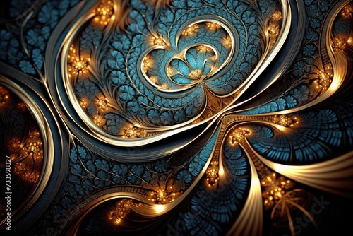  Intricate Fractal Art Depicting a Spiraling Ornamental Design with Jewel Tones